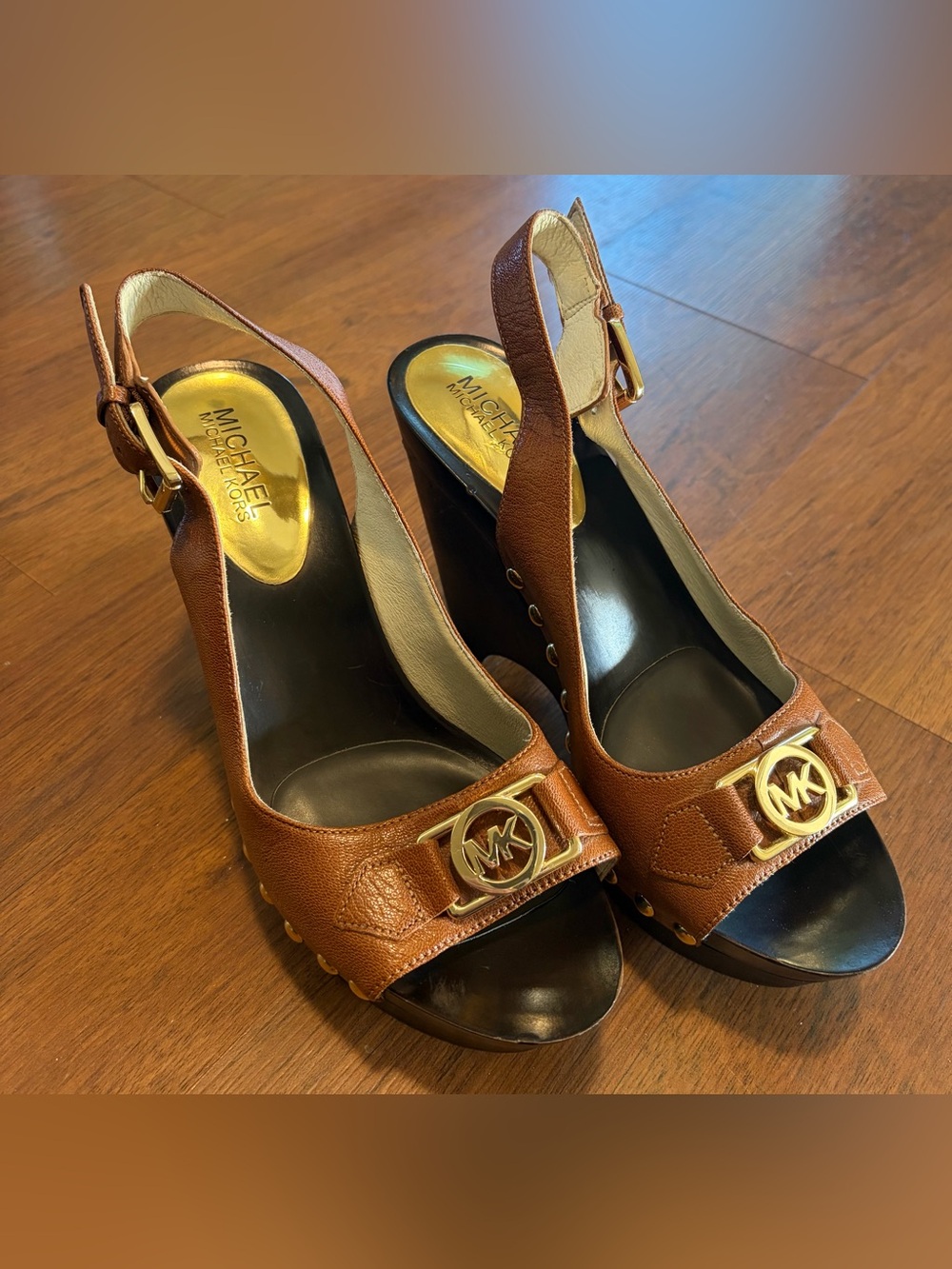 Michael Kors Charm Slingback Brown with Gold-Accent Wedge Sandals